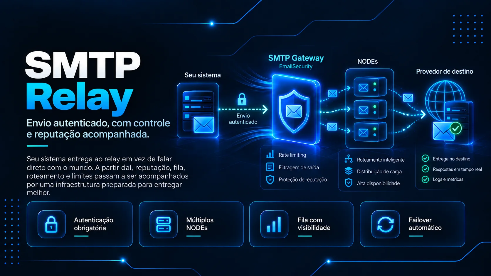 Caminho de envio: cliente, gateway SMTP, NODEs e provedores de destino